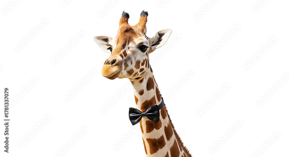 Naklejka premium A giraffe stands elegantly, wearing a sophisticated black bow tie, adding a touch of charm to the majestic animal.