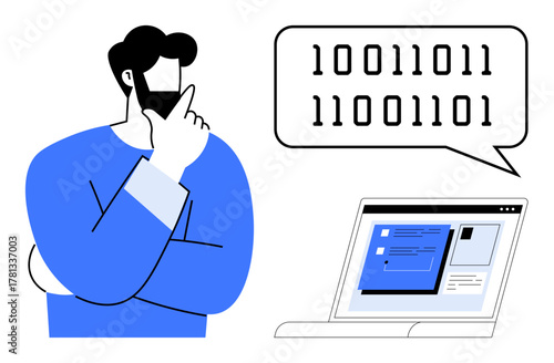 Man contemplating binary code displayed in a speech bubble while reviewing computer output on a laptop screen. Ideal for technology, coding, programming, problem-solving, data analysis, IT training