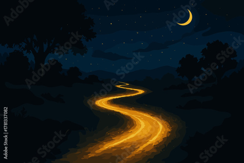 Curved glowing pathway meandering through a dark forest under a starry night sky with a crescent moon.