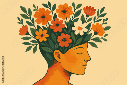 Abstract artistic depiction of a person with eyes closed, showcasing vibrant flowers and leaves growing from the head, symbolizing creativity and growth.