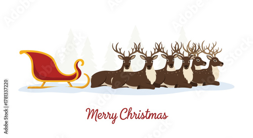 A team of reindeer rests beside santa s sleigh in a snowy forest with a merry christmas greeting