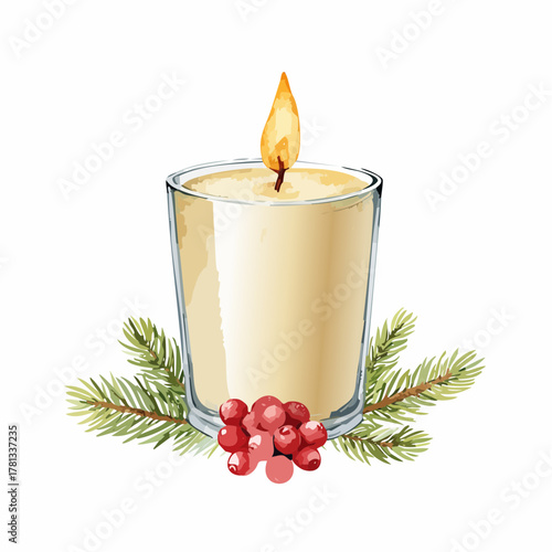 A watercolor illustration of a lit candle in a glass with pine branches and red berries, creating a festive atmosphere.