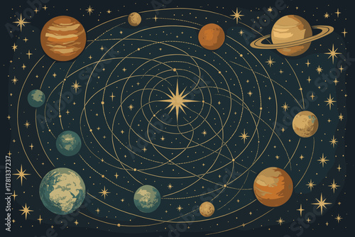 Detailed depiction of the solar system with all planets orbiting around the sun amidst a backdrop of stars.