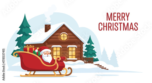 Santa claus in a sleigh arriving at a snowy cabin with gifts and christmas trees