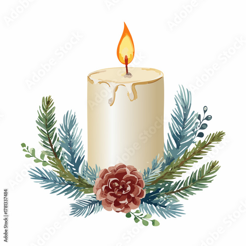 A watercolor illustration of a lit white pillar candle surrounded by festive pine branches and a pinecone.