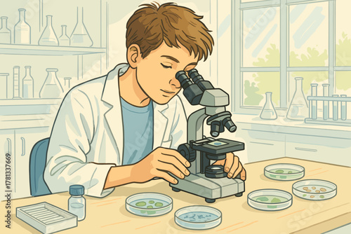 Young caucasian male scientist focuses intently on a microscope in a laboratory filled with petri dishes and scientific equipment.