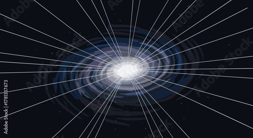 Abstract depiction of a bright white light at the center of a swirling vortex, with radiating lines against a dark background.