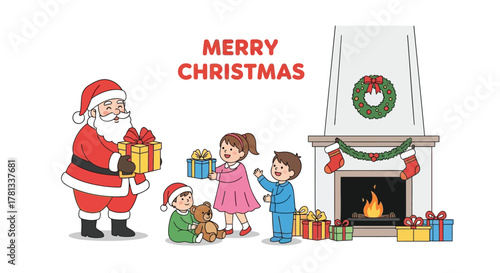 Santa claus giving christmas presents to happy children by a cozy fireplace with stockings and wreath