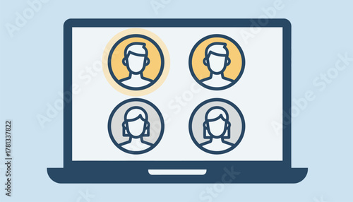 A closeup of a laptop screen displaying the video call interface highlighting the profile pictures of interview participants.