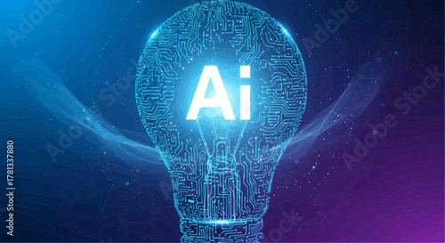 Artificial intelligence concept with glowing bulb and circuit board design on blue and purple background