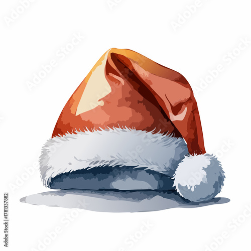 A watercolor illustration of a classic red Santa hat with a white fluffy brim and pom-pom, perfect for Christmas and holiday themes.