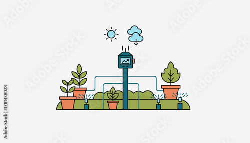 An outdoor garden with a smart irrigation system that adjusts watering schedules based on weather forecasts.