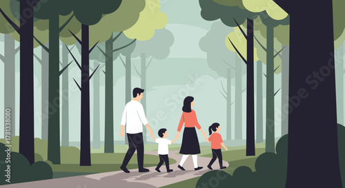 Caucasian family of four, consisting of two adults and two children, walking along a forest path surrounded by tall trees.