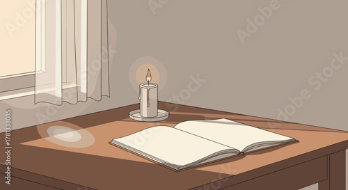 An open book lies on a wooden table beside a candle, casting a warm glow in a serene and cozy setting.