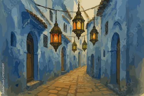 Narrow cobblestone street lined with blue buildings and traditional hanging lanterns glowing warmly in an artistic representation of a moroccan medina.