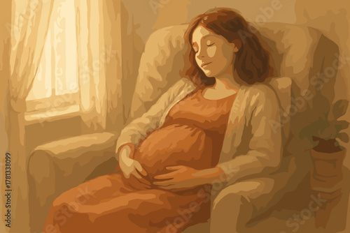 Pregnant caucasian female in a warm-toned room sitting in an armchair, gently holding her baby bump with eyes closed in a serene expression.