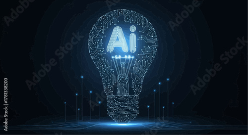 An ai lightbulb circuit design glows with digital intelligence in a dark technological space