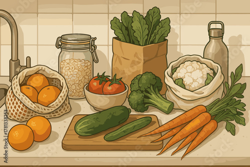 A kitchen countertop displaying fresh vegetables including carrots, broccoli, cucumbers, tomatoes, oranges, oats in a jar, and greens in a paper bag.