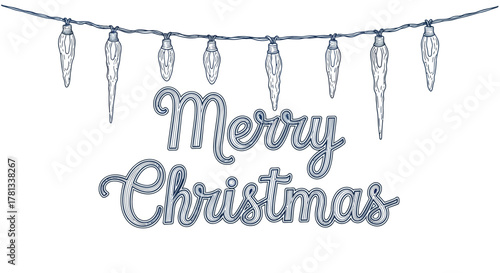 Hand drawn merry christmas text with icicle shaped lights festive holiday decoration