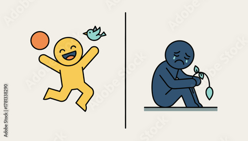 A split image showing contrasting emotions one half depicting a joyful moment the other half exhibiting sadness representing the emotional spectrum explored in therapy.
