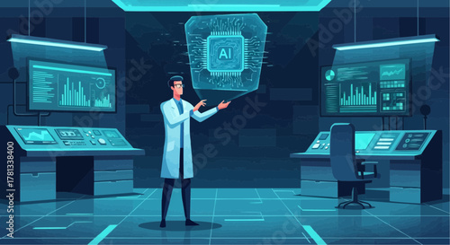 Scientist in lab coat presenting artificial intelligence chip hologram in a futuristic laboratory setting