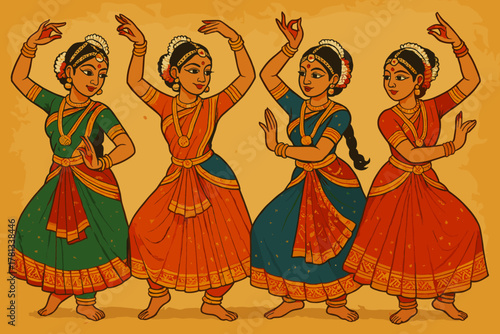 Four women in traditional indian dance attire perform classical bharatanatyam poses, showcasing intricate hand gestures and vibrant costumes.
