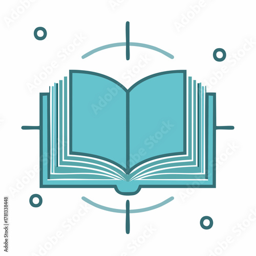 Teal open book icon with abstract circular elements and crosshairs on a white background Keywords: book, open book, reading, education, knowledge, learning, literature, story, information