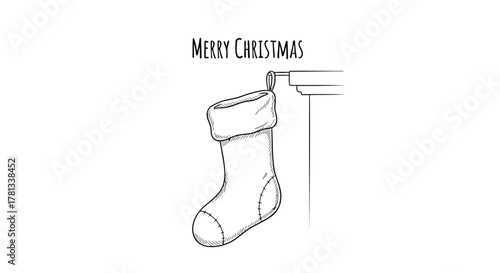 Hand drawn sketch of a christmas stocking hanging on a mantelpiece with merry christmas text
