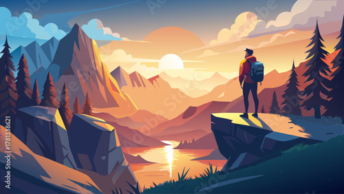 A lone traveler with a backpack standing on the edge of a rocky mountain cliff, gazing at the sunrise over misty valleys, symbolizing freedom, exploration, and the spirit of adventure