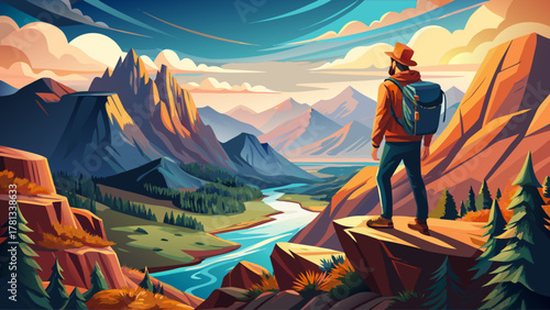 A man in outdoor gear standing on a high cliff, overlooking a breathtaking panoramic view of mountains and rivers below, under a bright sky, capturing the essence of travel, courage, and discovery