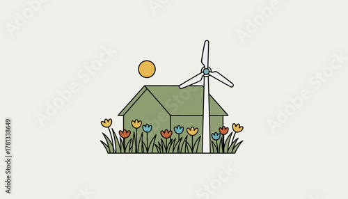 A rural home equipped with a wind turbine surrounded by tall grasses and wildflowers reflecting a commitment to sustainability.