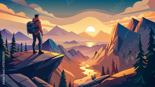 A lone traveler with a backpack standing on the edge of a rocky mountain cliff, gazing at the sunrise over misty valleys, symbolizing freedom, exploration, and the spirit of adventure