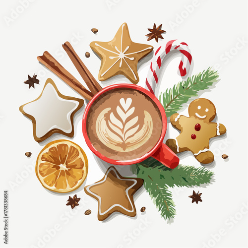 Festive holiday image featuring a red mug of latte, gingerbread cookies, and seasonal decorations.