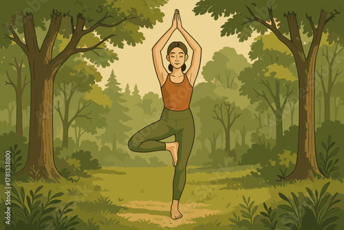 Asian young female practicing tree pose yoga surrounded by lush green forest, demonstrating focus and balance in a serene natural setting.