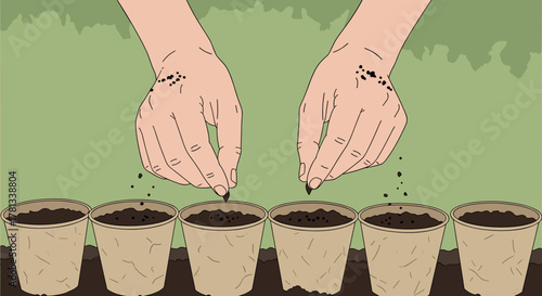 Two hands carefully sow seeds into six small biodegradable pots filled with soil, ready for planting in a garden.