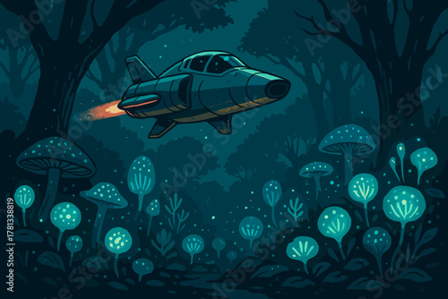 A rocket-powered spaceship flies through a mystical forest filled with glowing mushrooms and tall trees under a dark sky.