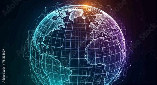 Digital earth globe with network connections and glowing lights representing global connectivity and technology