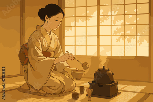 Asian female dressed in traditional kimono performing a japanese tea ceremony with a serene expression in a tatami-floored room.