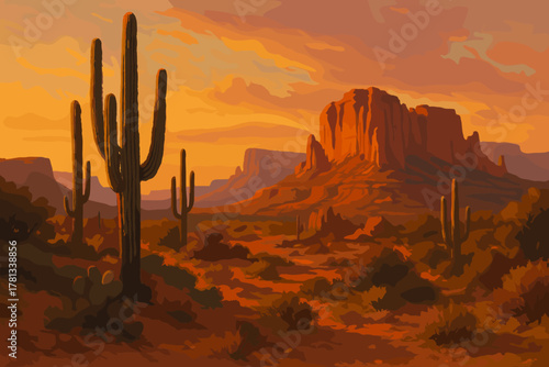 Sunset view of a desert landscape featuring tall cacti and a prominent mesa, with vibrant orange and yellow hues in the sky.