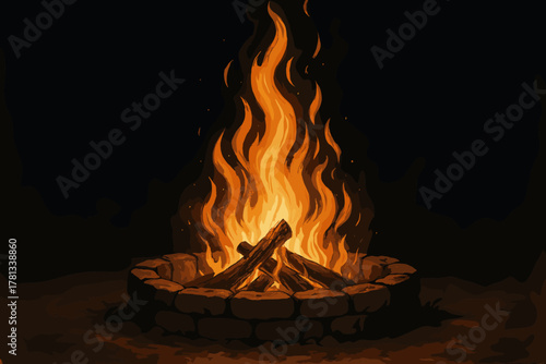 Glowing campfire with bright orange flames surrounded by a circular stone fire pit on a dark background.