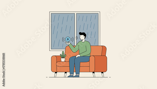 A person sitting on a couch using a voice assistant to check the weather as rain falls outside the window.