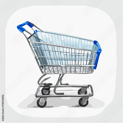 Silver Shopping Cart with Blue Accents and Shadow on a Light Gray Background trolley supermarket