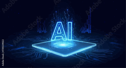 Glowing ai letters on a platform with circuit board design and digital city skyline in the background