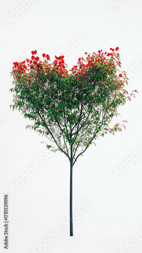 heart shaped tree with vibrant red leaves stands against white background, symbolizing love and nature beauty. This unique tree captures attention and evokes feelings of joy and warmth