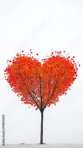 vibrant heart shaped tree with bright red leaves stands against white background, symbolizing love and nature beauty. This unique tree captures attention with its striking form and color