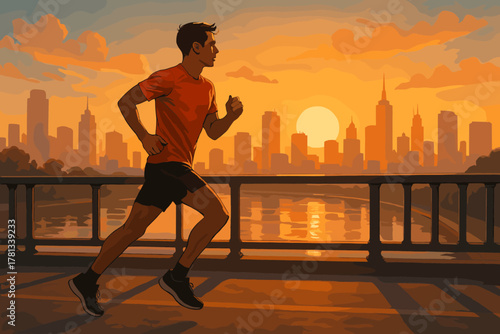 Young caucasian male runner jogging on a bridge at sunset with a city skyline in the background.