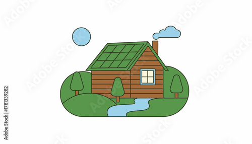 A cozy cabin made of sustainable materials nestled in a scenic landscape with solar panels on the roof.