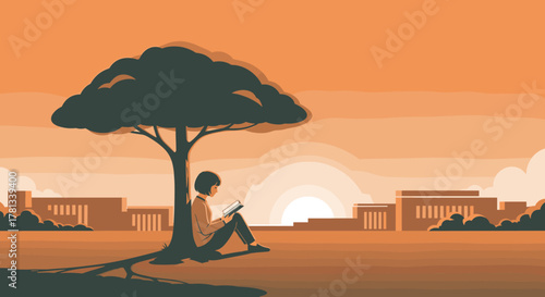 Young female reading a book while sitting under a tree at sunset with a scenic cityscape in the background.