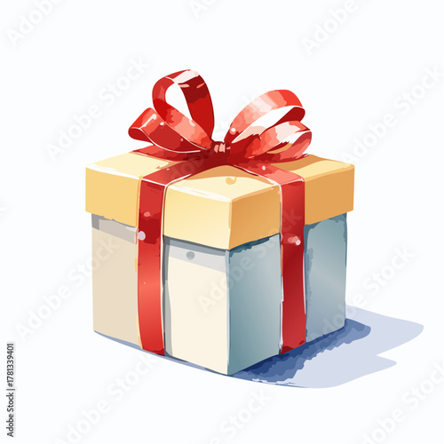 A simple, stylized illustration of a gift box with a red ribbon and bow.