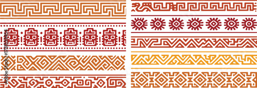 Aztec and Inca Tribal Border Vector Set with Geometric Ethnic Patterns, Ancient Symbols, and Traditional Decorative Motifs